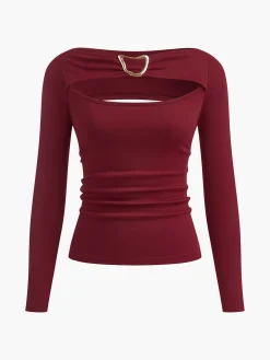 COMMENSE Plain Cutout Long Sleeve T-Shirt* T-shirts|Tops