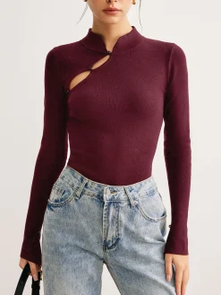 COMMENSE Plain Cutout Skinny Sweater* Sweater Tops|Sweaters & Cardigans