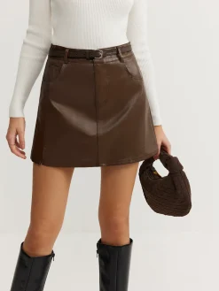 COMMENSE Plain Faux Leather Belted Skirt* Skirts|Bottoms