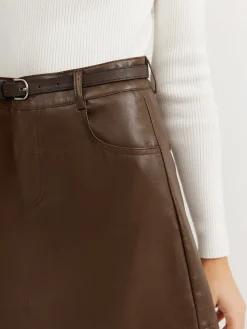COMMENSE Plain Faux Leather Belted Skirt* Skirts|Bottoms