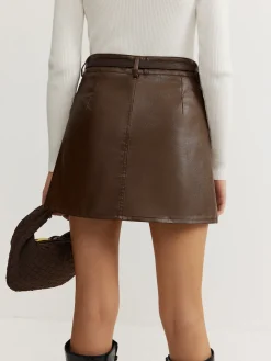 COMMENSE Plain Faux Leather Belted Skirt* Skirts|Bottoms