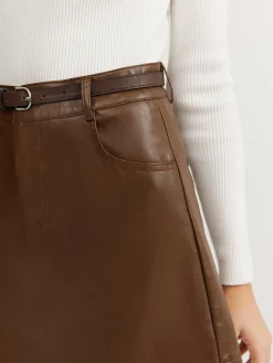 COMMENSE Plain Faux Leather Belted Skirt* Skirts|Bottoms