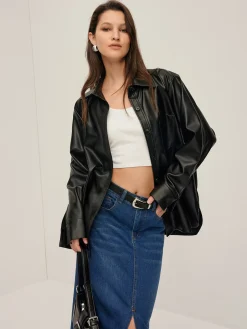 COMMENSE Plain Faux Leather Lapel Shirt* Blouses & Shirts|Tops