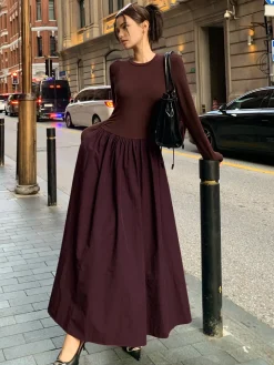 COMMENSE Plain Long Sleeve Pleated Dress* Casual Dresses|Work Dresses