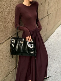 COMMENSE Plain Long Sleeve Pleated Dress* Casual Dresses|Work Dresses