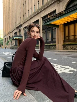 COMMENSE Plain Long Sleeve Pleated Dress* Casual Dresses|Work Dresses
