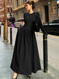 COMMENSE Plain Long Sleeve Pleated Dress* Casual Dresses|Work Dresses