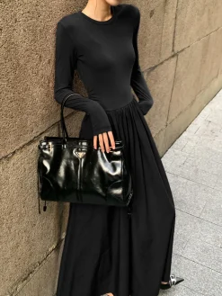 COMMENSE Plain Long Sleeve Pleated Dress* Casual Dresses|Work Dresses