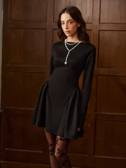 COMMENSE Plain Long Sleeve Pleated Short Dress* Dresses