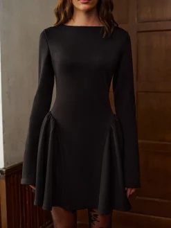COMMENSE Plain Long Sleeve Pleated Short Dress* Dresses