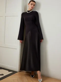COMMENSE Plain Mock Neck Slim Panel Dress* Black Dresses|Casual Dresses