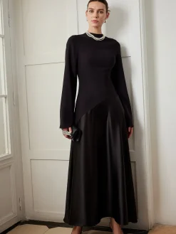 COMMENSE Plain Mock Neck Slim Panel Dress* Black Dresses|Casual Dresses
