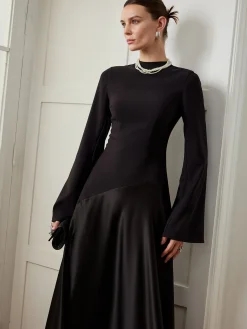 COMMENSE Plain Mock Neck Slim Panel Dress* Black Dresses|Casual Dresses