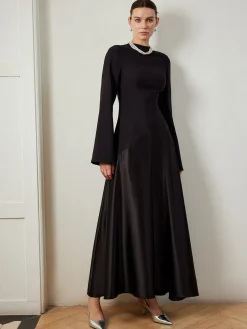 COMMENSE Plain Mock Neck Slim Panel Dress* Black Dresses|Casual Dresses