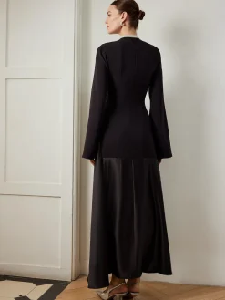 COMMENSE Plain Mock Neck Slim Panel Dress* Black Dresses|Casual Dresses