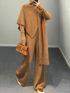COMMENSE Plain Mock Neck Three-Piece Sweater Pants Set* Knitwear|Tops