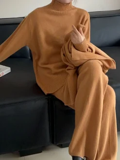 COMMENSE Plain Mock Neck Three-Piece Sweater Pants Set* Knitwear|Tops