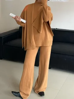 COMMENSE Plain Mock Neck Three-Piece Sweater Pants Set* Knitwear|Tops