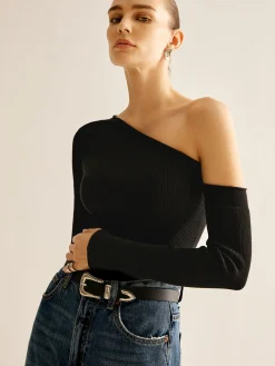 COMMENSE Plain One-Shoulder Knit Top* Sweater Tops|Sweaters & Cardigans