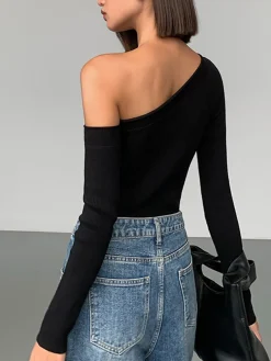 COMMENSE Plain One-Shoulder Knit Top* Sweater Tops|Sweaters & Cardigans
