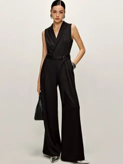 COMMENSE Plain Panel Sleeveless Belted Jumpsuit* Black Dresses|Jumpsuits & Rompers
