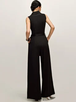 COMMENSE Plain Panel Sleeveless Belted Jumpsuit* Black Dresses|Jumpsuits & Rompers