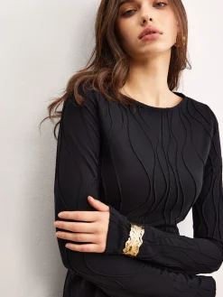 COMMENSE Plain Piping Jersey Dress* Black Dresses|Casual Dresses