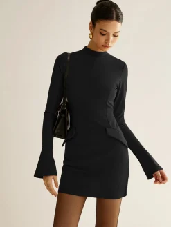 COMMENSE Plain Piping Short Dress* Black Dresses|Casual Dresses