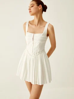 COMMENSE Plain Pleated Cami Short Dress* White Dresses|Casual Dresses