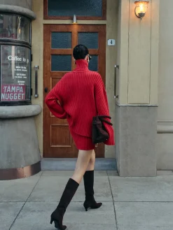 COMMENSE Plain Ribbed Split Sweater Skirt Set* Skirt Sets|Long Sleeve Sets