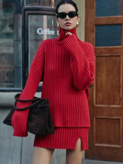 COMMENSE Plain Ribbed Split Sweater Skirt Set* Skirt Sets|Long Sleeve Sets