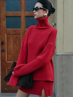 COMMENSE Plain Ribbed Split Sweater Skirt Set* Skirt Sets|Long Sleeve Sets
