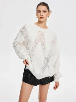 COMMENSE Plain Ripped Tassel Sweater* Sweater Tops|Sweaters & Cardigans