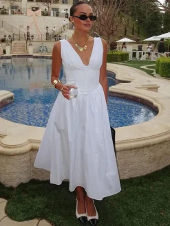 COMMENSE Plain Sleeveless Midi Dress* White Dresses|Casual Dresses