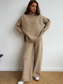 COMMENSE Plain Turtleneck Knit Pants Set* Pants Sets|Knitwear