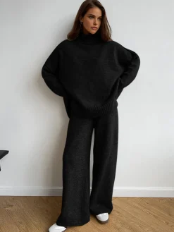 COMMENSE Plain Turtleneck Knit Pants Set* Pants Sets|Knitwear