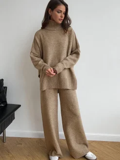 COMMENSE Plain Turtleneck Knit Pants Set* Pants Sets|Knitwear