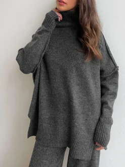 COMMENSE Plain Turtleneck Knit Pants Set* Pants Sets|Knitwear