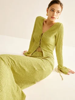 COMMENSE Plain V-Neck Lace Up Skirt Set* Skirt Sets|Long Sleeve Sets