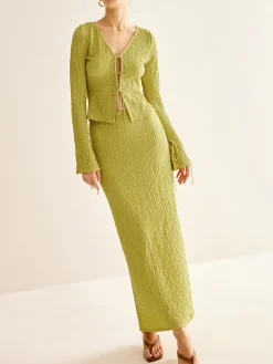 COMMENSE Plain V-Neck Lace Up Skirt Set* Skirt Sets|Long Sleeve Sets