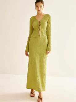 COMMENSE Plain V-Neck Lace Up Skirt Set* Skirt Sets|Long Sleeve Sets