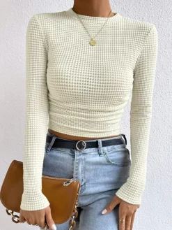 COMMENSE Plain Waffle Slim Sweater* T-shirts|Tops