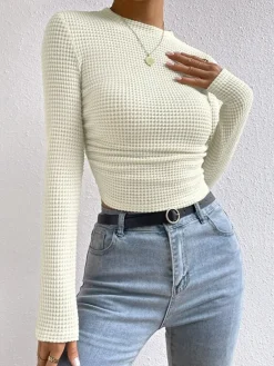 COMMENSE Plain Waffle Slim Sweater* T-shirts|Tops
