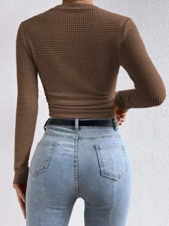 COMMENSE Plain Waffle Slim Sweater* T-shirts|Tops