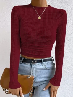 COMMENSE Plain Waffle Slim Sweater* T-shirts|Tops