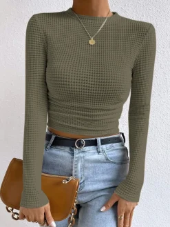 COMMENSE Plain Waffle Slim Sweater* T-shirts|Tops