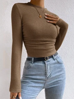 COMMENSE Plain Waffle Slim Sweater* T-shirts|Tops