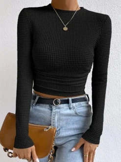 COMMENSE Plain Waffle Slim Sweater* T-shirts|Tops