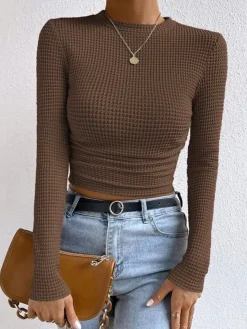 COMMENSE Plain Waffle Slim Sweater* T-shirts|Tops