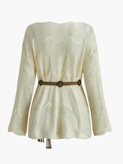 COMMENSE Plain Wave Trim Belted Sweater* Sweater Tops|Sweaters & Cardigans